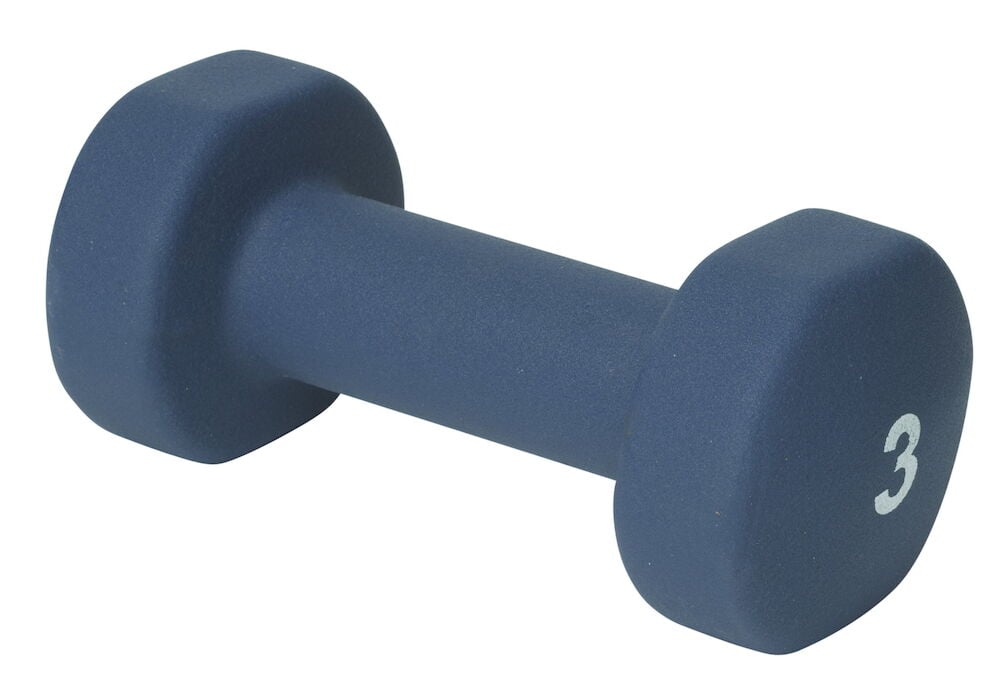 Blå hantel tre kilo med PVC-överdrag.