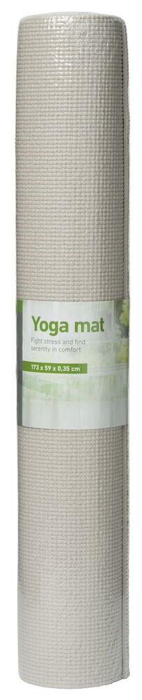 Beige yogamatta ihoprullad med etikett runt.