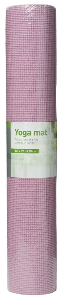 Rosa yogamatta av PVC hoprullad stående.