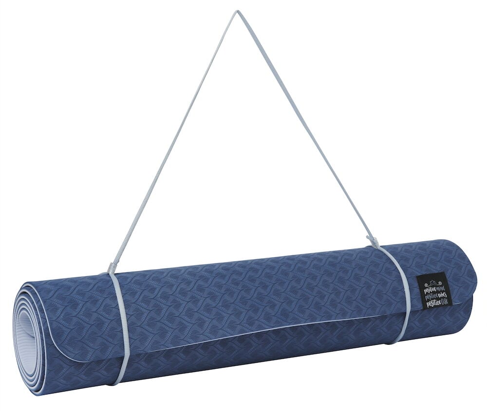 Blå yogamatta 6 mm med vit bärrem.
