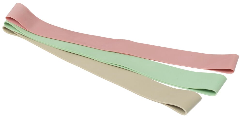 Mini-Widerstandsbänder 3er-Pack in Rosa, Mintgrün und Beige, flach liegend.