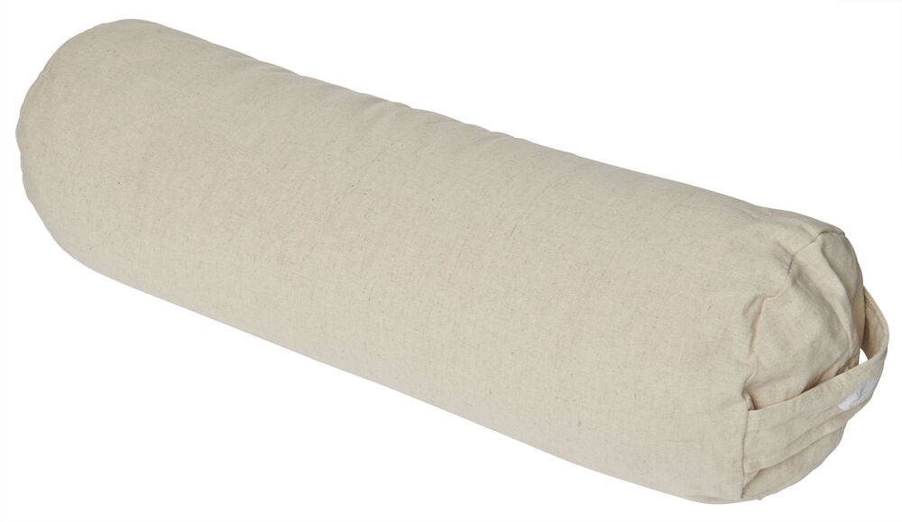 Vaaleabeige joogabolsteri, jossa kahva ja irrotettava päällinen.