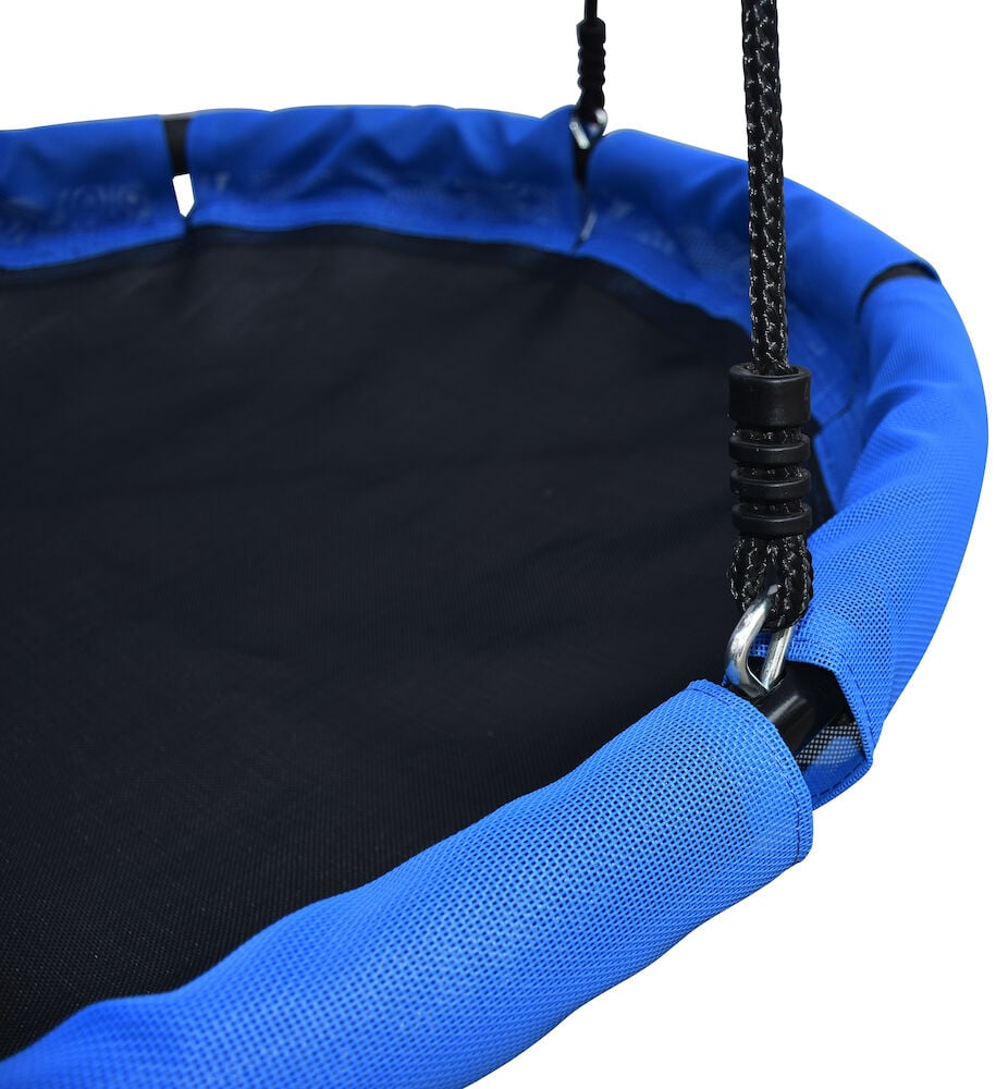 Runde Freundschaftsschaukel mit blauem Rand und schwarzen Seilen.