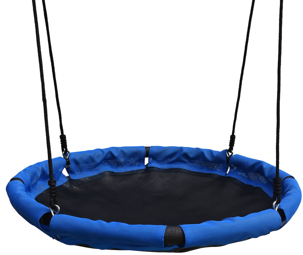 Runde Freundschaftsschaukel in Blau mit schwarzen Seilen.
