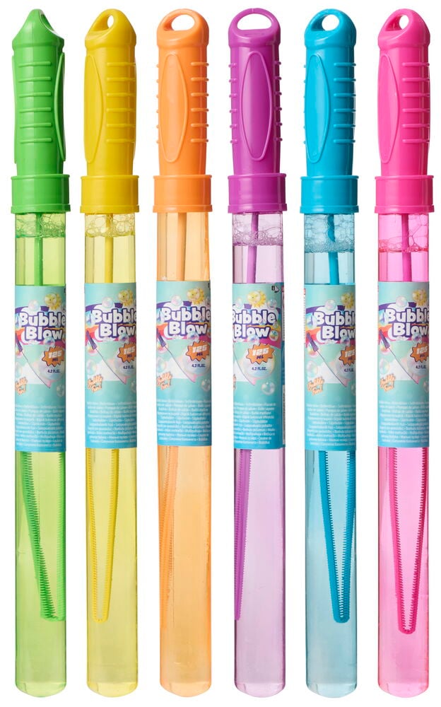 Sex färgglada Såpbubbelstavar 125 ml, grön, gul, orange, lila, blå och rosa, med klara tuber.