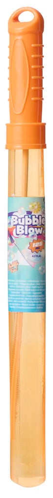 Orange såpbubbelstav 125 ml i plast, med genomskinlig orange tub och ett orange lock med ögla.
