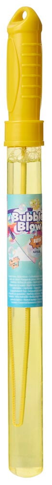 Såpbubbelstav 125 ml är en klar cylindrisk flaska med gul lösning, gult lock och inre bubbelstav.