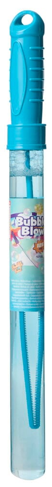 En blå Såpbubbelstav 125 ml med ljusblått lock, klar tub och blå bubbelstav.