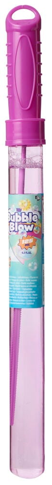 Lila såpbubbelstav 125 ml med klar tub, räfflat grepp, handtag och färgglad 'Bubble Blow'-etikett.
