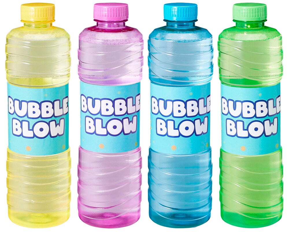 Fyra genomskinliga plastflaskor med 1 liter Såpbubblor, blandade färger, med olika färgad vätska.
