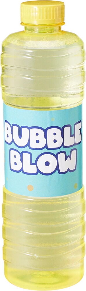 Klar 1 l flaska med gul såpbubblor, gul kork och blå etikett med 'BUBBLE BLOW'.
