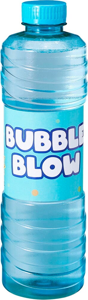 En genomskinlig plastflaska med ljusblå Såpbubblor, refill, blå kork och en etikett med texten 'BUBBLE BLOW'.