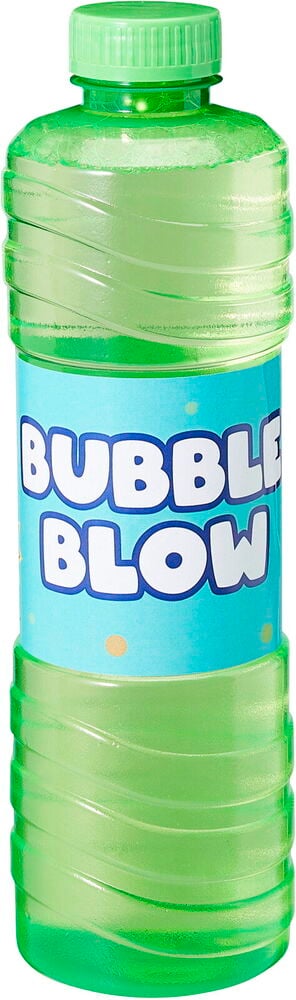 Grön plastflaska med Såpbubblor, refill 1 l Blandade färger, med ljusgrön kork och ljusblå "BUBBLE BLOW" etikett.