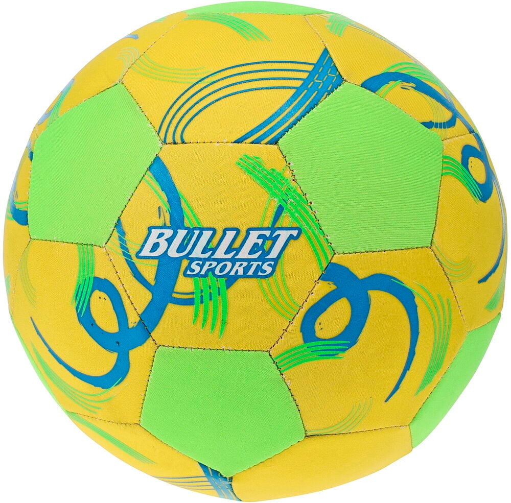 En gul och grön Bullet Sports Fotboll med abstrakta blå och gröna mönster.