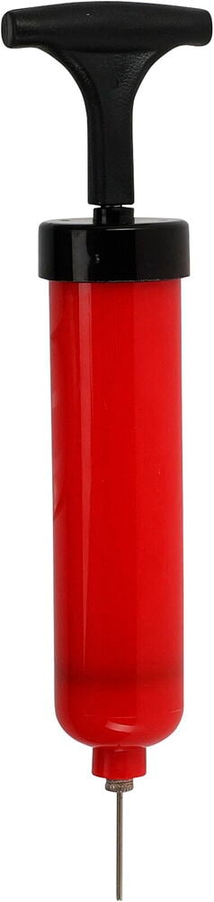 Röd bollpump med svart handtag och silvernål, framifrån.