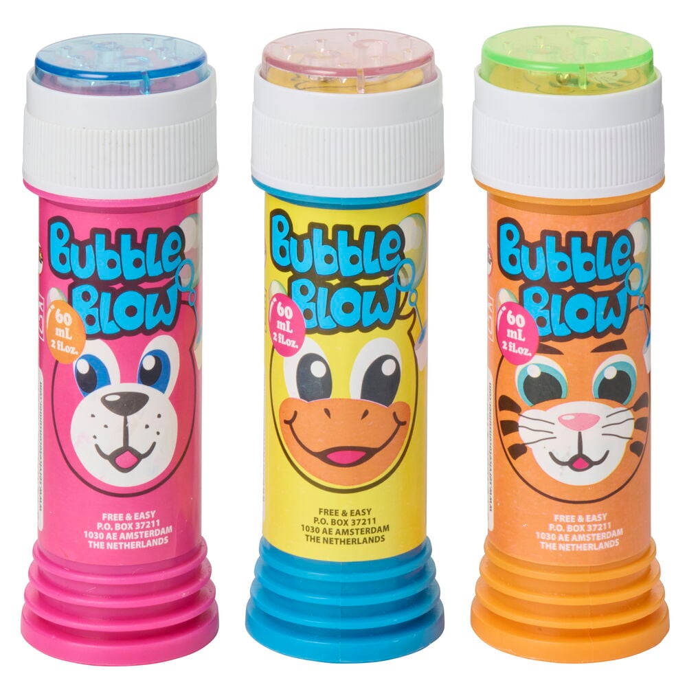Tre Såpbubblor 60 ml: rosa hund, gul anka, orange tiger mönster med färgade lock.