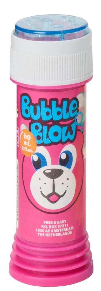 Rosa Såpbubblor 60 ml flaska med vitt lock och genomskinlig blå såpbubblestav.