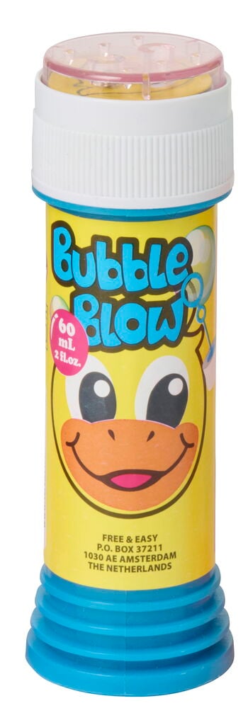 En gul och blå Såpbubblor 60 ml flaska med ett tecknat ankansikte på etiketten.