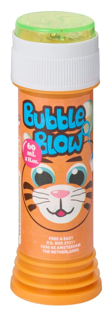 Såpbubblor 60 ml, en orange flaska med tigeransiktsdesign och grön genomskinlig kork.
