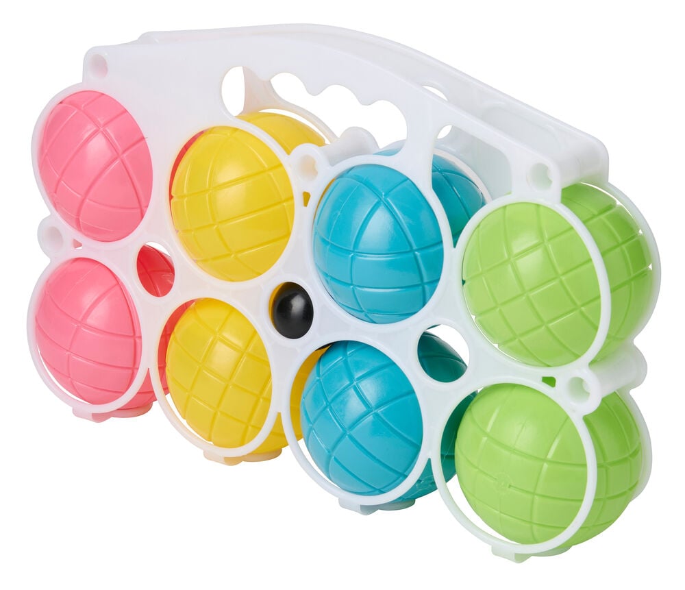 Boule-setti: valkoinen teline, kahdeksan ruutukuvioista palloa (pinkki, keltainen, sininen, vihreä) ja musta pallo.