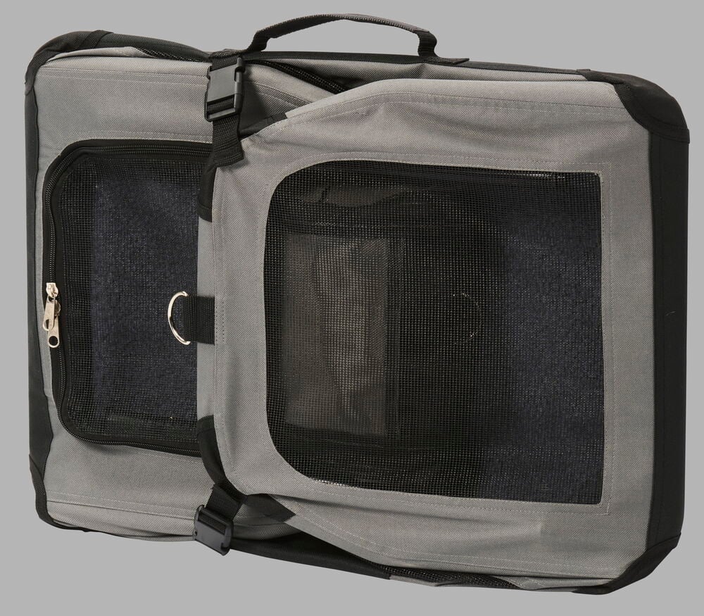 Grå hopfällbar djurtransportväska med nätventilation.