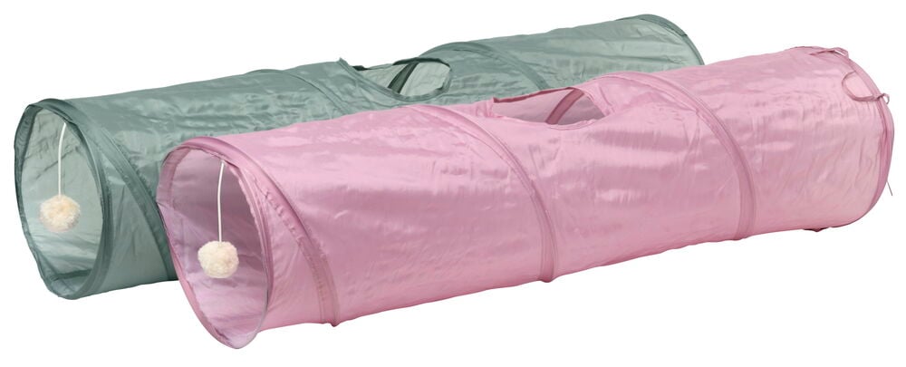 Två kattunnlar i rosa och grönt med öppningar.