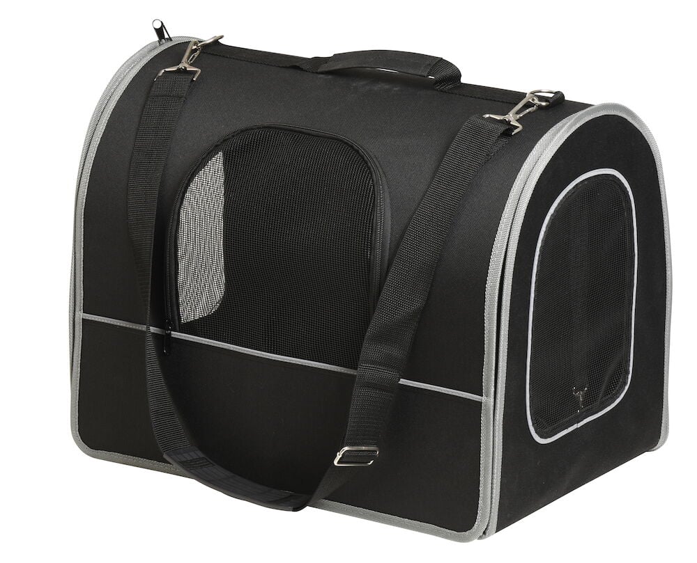 Svart djurtransportväska med nätpanel och axelrem.