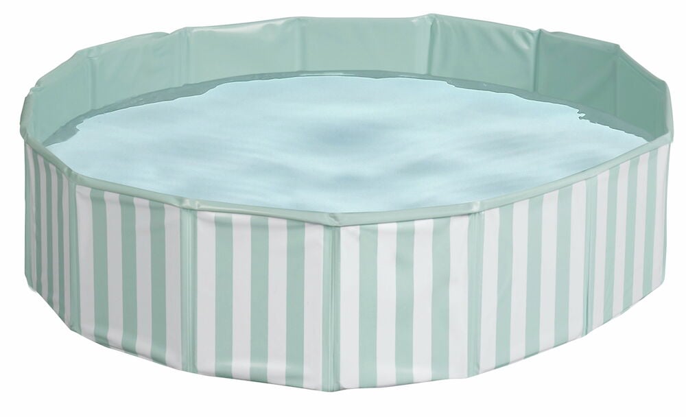 Blåvit hundpool fylld med vatten.