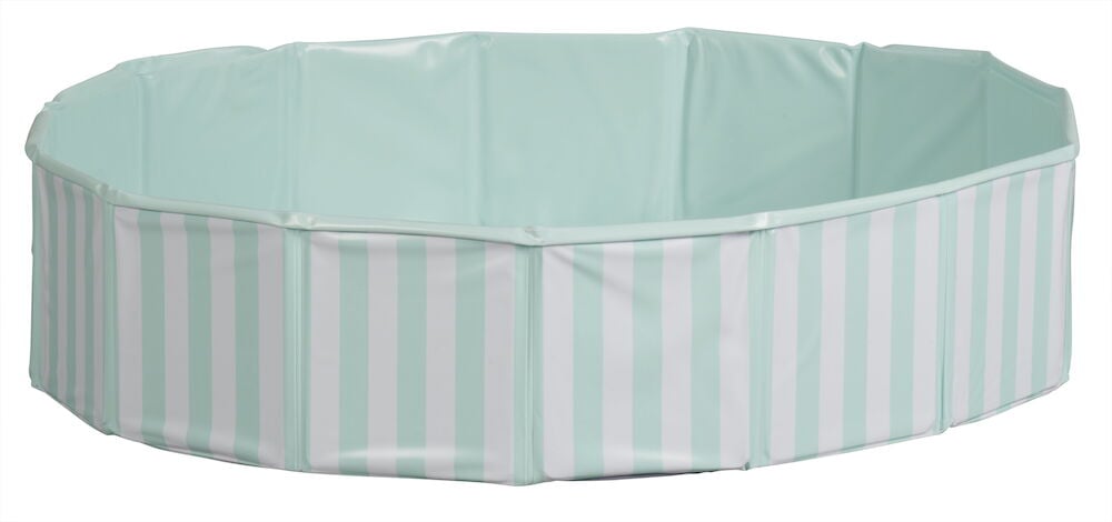 Blåvit randig hopfällbar hundpool av PVC.