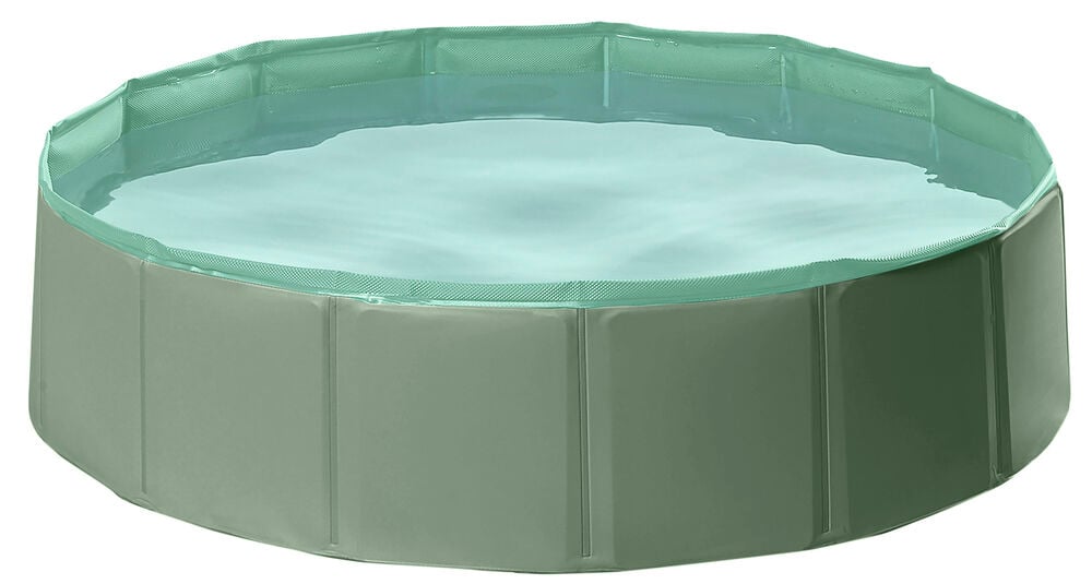 En grön Hundpool Pet Club 120x30 cm fylld med vatten, med vikbar polygonal design och ljusgrön nätrand.