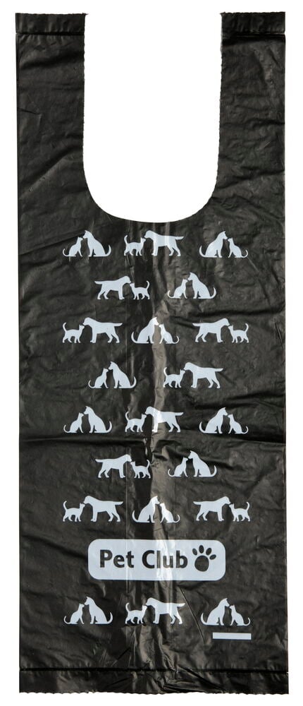 Svart avfallspåse med hundmönster och knythandtag.