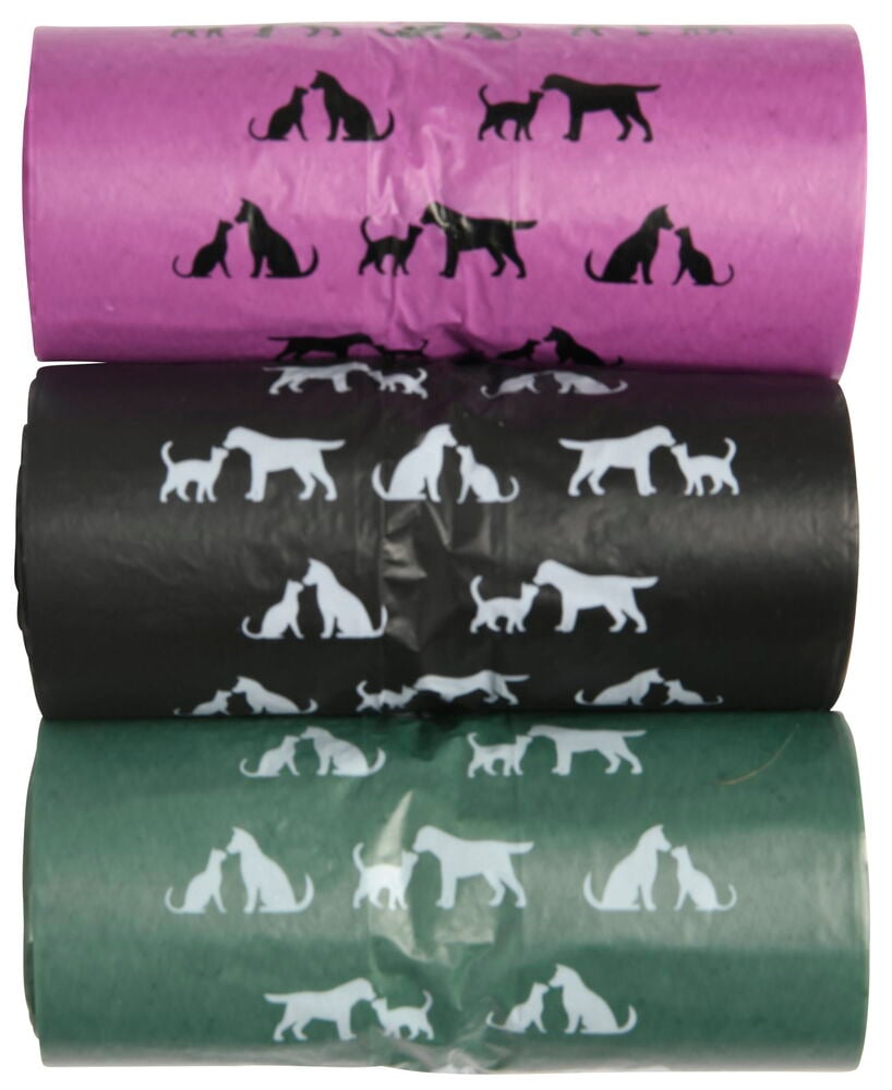 Tre rullar soppåsar i olika färger med djurmotiv.