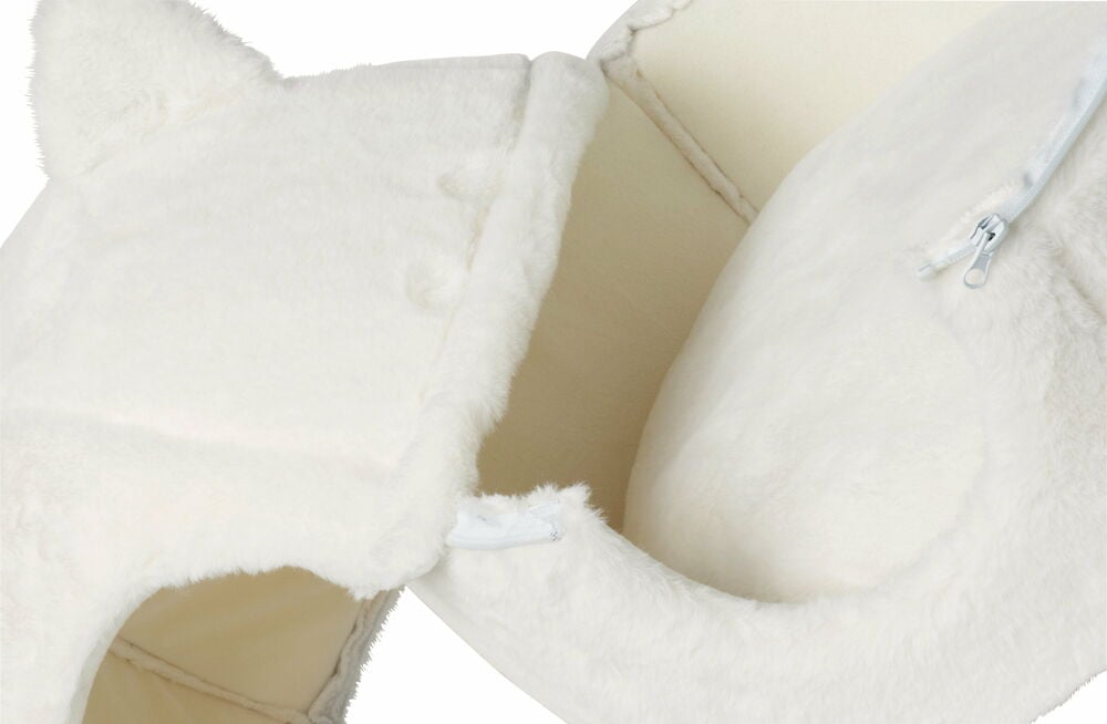 Vit plysch kattbädd med dragkedja och öron.