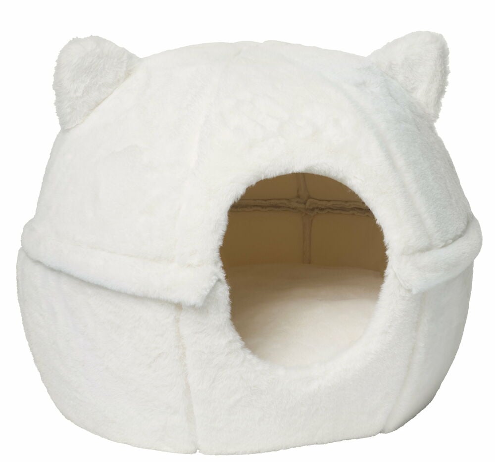 Vit kattbädd i plysch med rund öppning.