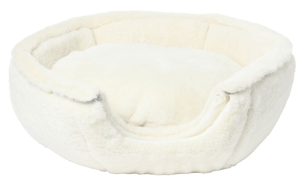 Rund beige kattbädd i mjuk polyester plysch.