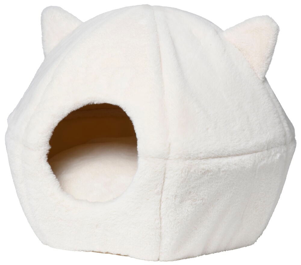 Valkoinen polyesteriä plyysiä kissanpeti, jossa pyöreä sisäänkäynti ja kaksi pientä korvaa.