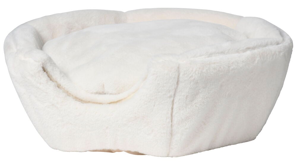 Valkoinen polyesteriä plyysiä Pet Club kissanpeti kohotetuilla, pehmeillä, pyöristetyillä sivuilla ja irrotettavalla tyynyllä.