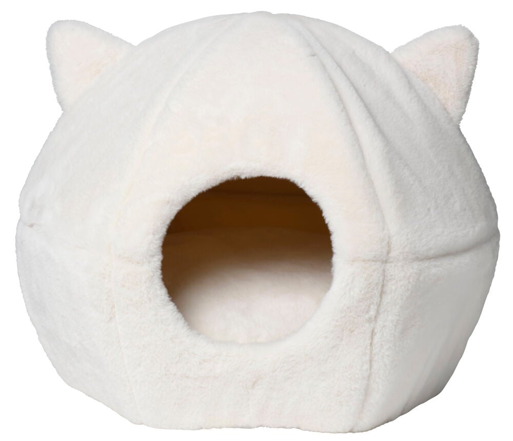 Valkoinen polyesteriä plyysiä Kissanpeti Pet Club, pyöreä aukko ja kaksi pientä korvaa ylhäällä.