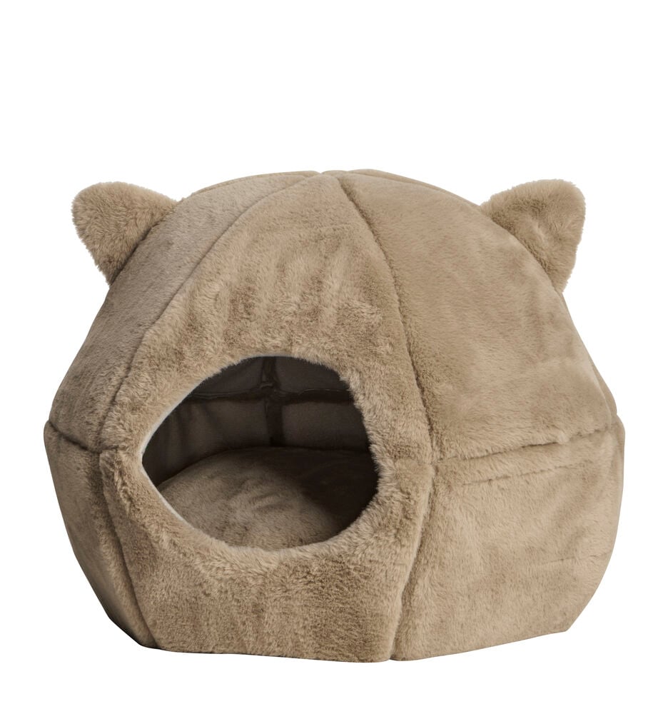 Braunes Katzenbett aus Plüsch mit runder Öffnung und Ohren.