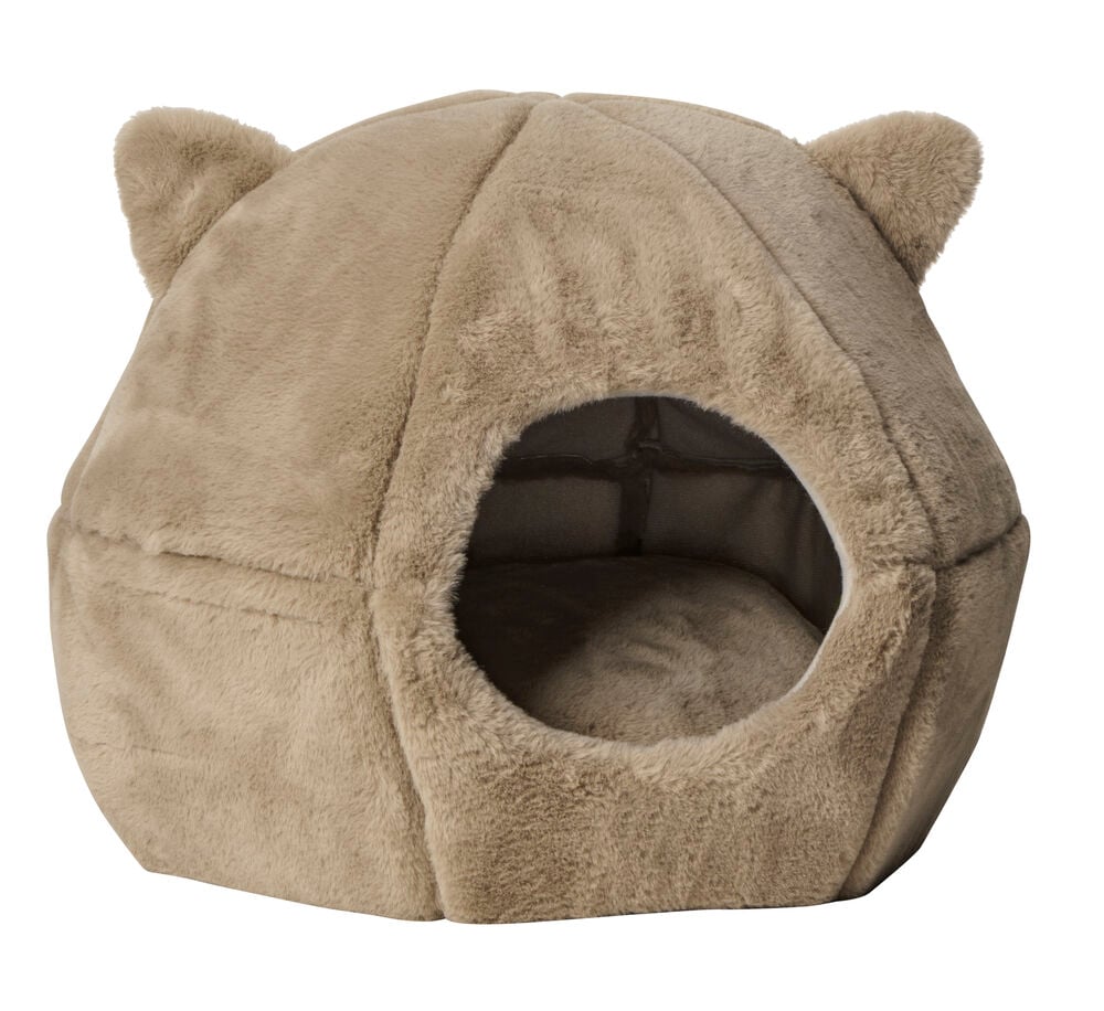 Braunes Plüsch-Katzenbett mit runder Öffnung und Ohren.