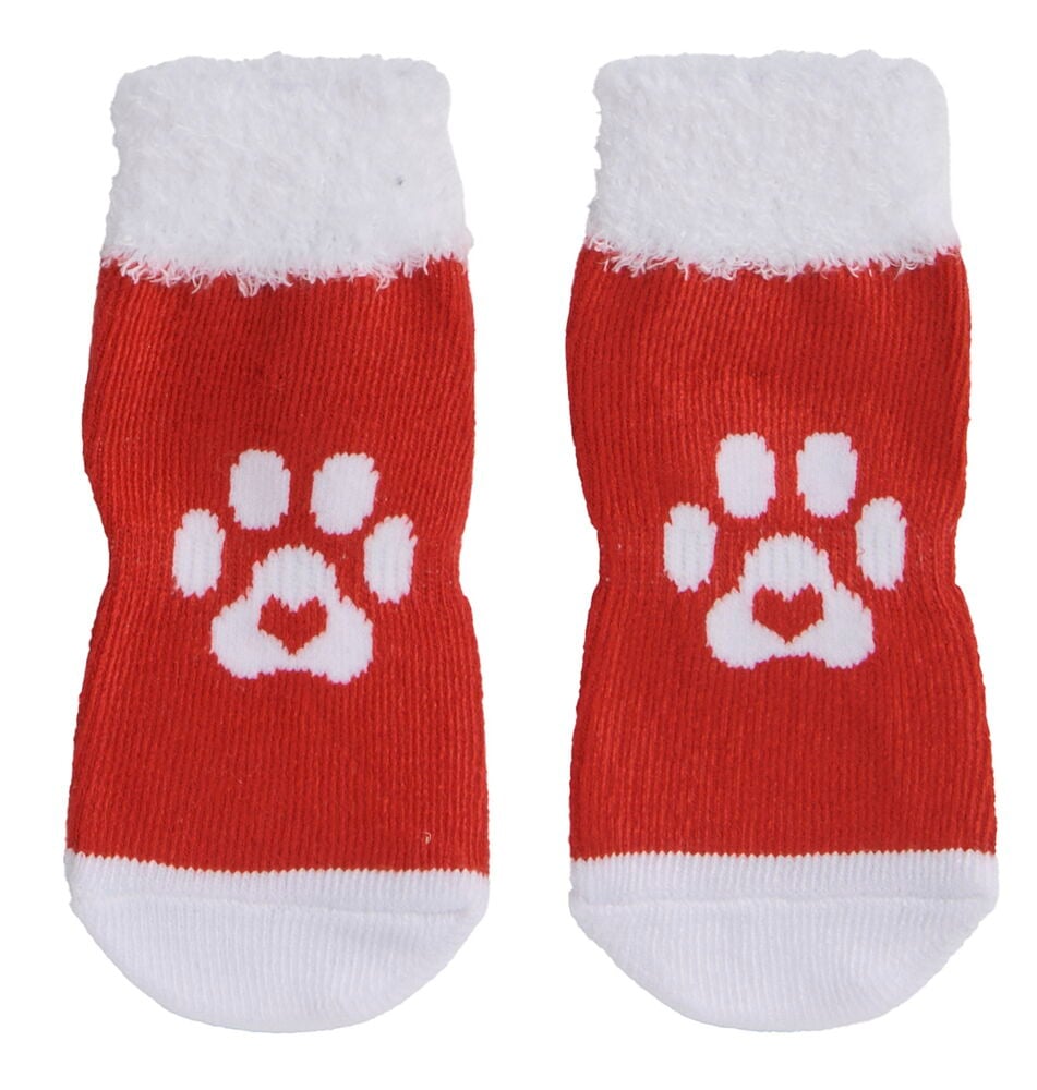 Rote Tiersocken mit weißen Pfotenabdrücken, flauschigen weißen Bündchen und weißen Zehen-/Fersenbereichen.