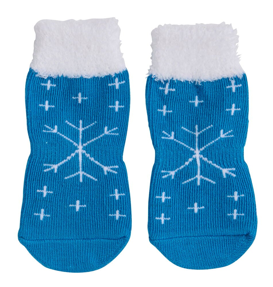 Pet Club Weihnachtstiersocken: blauer Strick mit weißem Schneeflockenmuster und einem flauschigen weißen Bündchen.