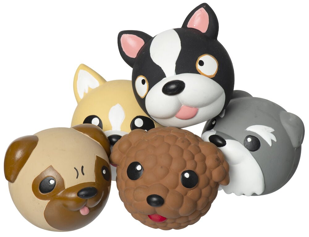 Fem runda hundleksaker i latex formade som djur.