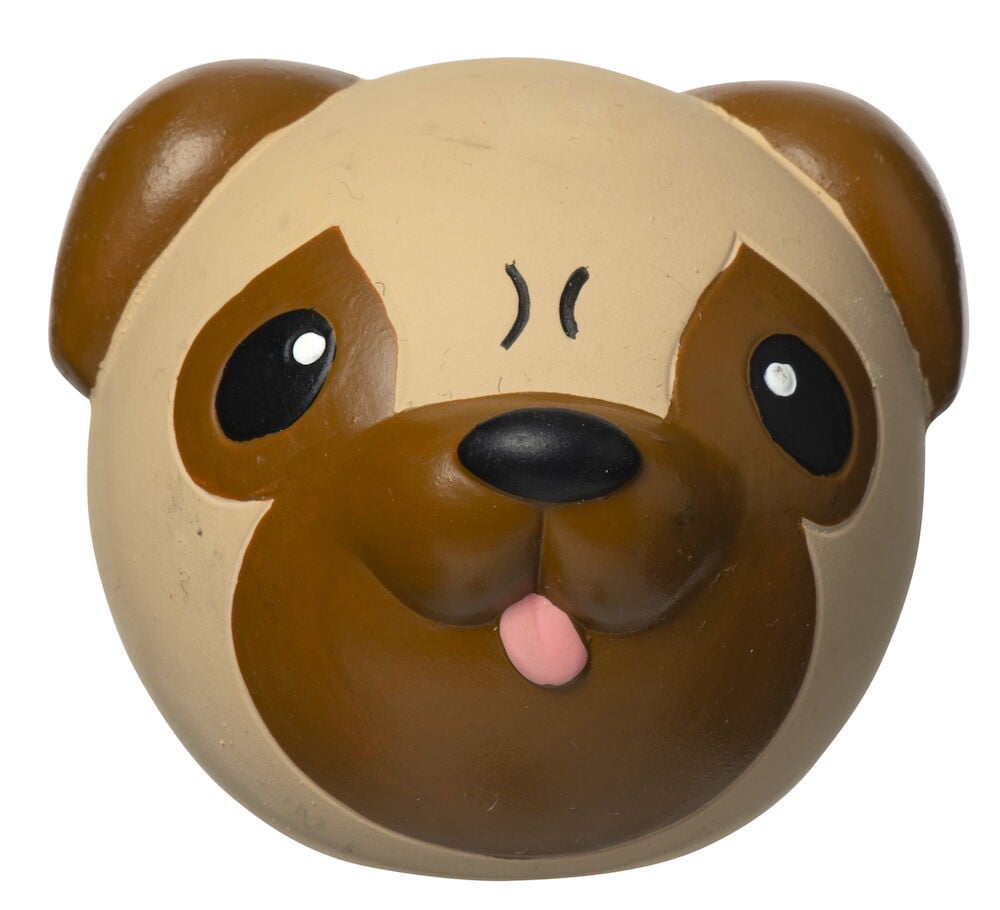 Brun och beige hundleksak i latex formad som björn.