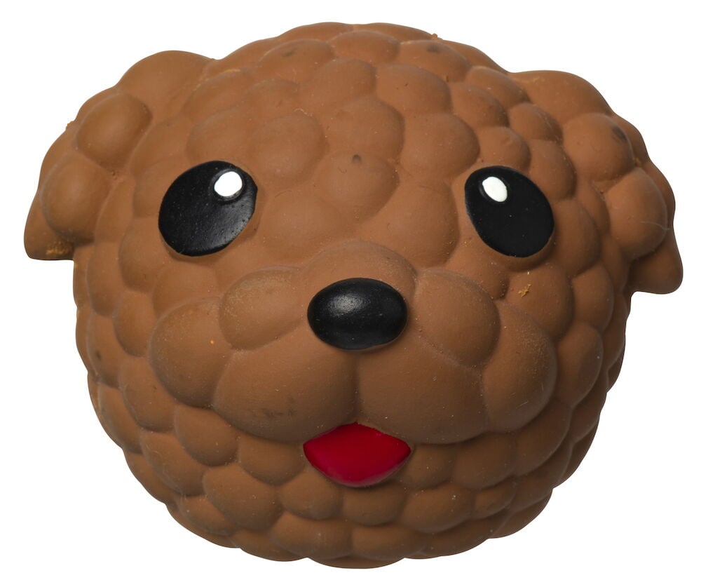 Brun hundformad hundleksak i latex med pipljud.