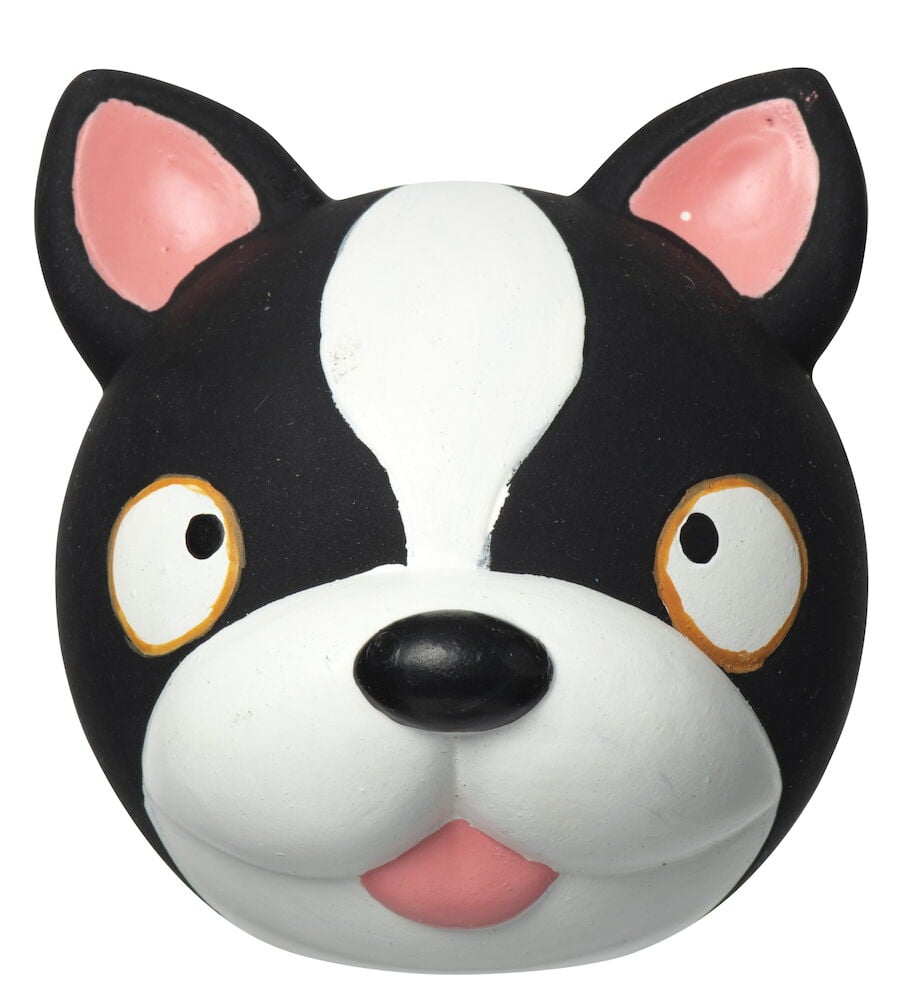 Svart och vit hundleksak i form av hundhuvud.