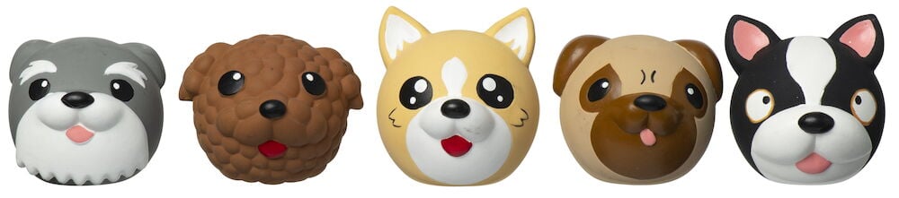 Fem latex hundleksaker med olika hundansikten.