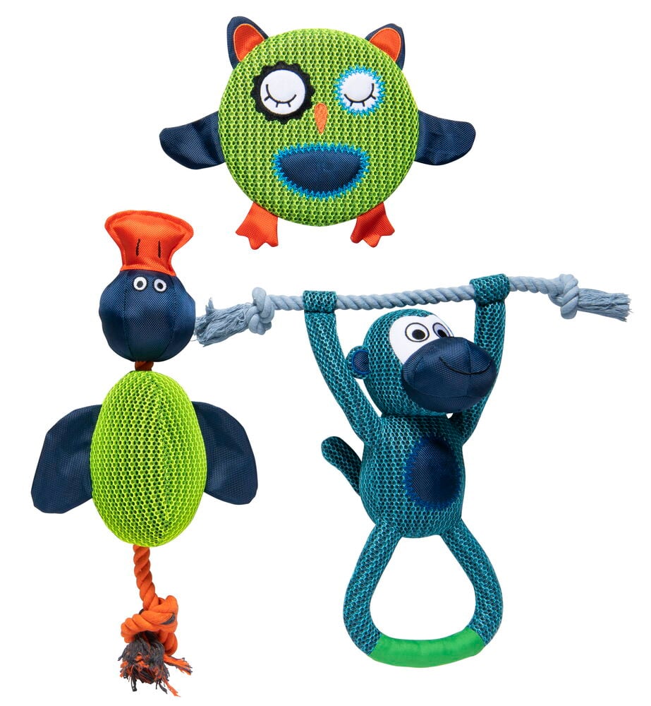 Tre hundleksaker i mesh formade som djur.