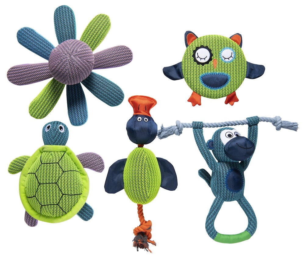 Fem färgglada hundleksaker i olika djurformer.