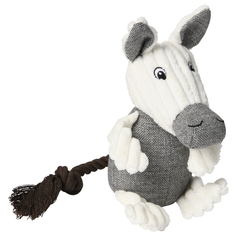 Gråvit hundleksak zebra med brunt rep.